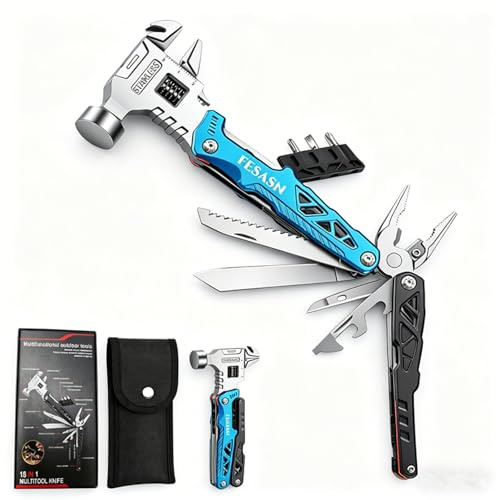 Fesasn Verbesserter verstellbarer Schraubenschlüssel-Multitool-Hammer, 18-in-1 | Pocket Multi Tool Zange, All-in-One Survival Tool, Camping, Alltag