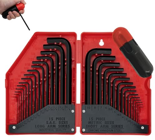 AMM 31-Piece Hex Key Wrench Set, Metric and SAE Allen Wrenches (0.028-3/8 inch, 0.7-10 mm) L Shape Allen Keys, Chrome Vanadium Steel