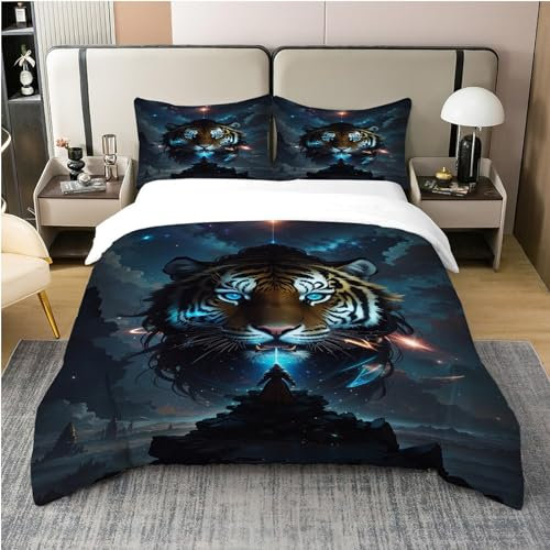 MAQUE Himmel BettwäSche Set Tiger BettwäSche 135x200, WendebettwäSche und Kissenbezug 80x80, Weiche & Angenehme & Atmungsaktive Mikrofaser BettwäSche-Sets mit ReißVerschluss