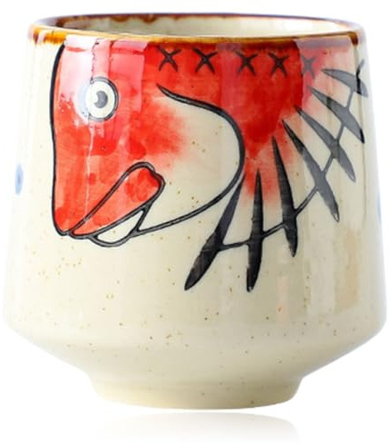 MAGICLULU Japanese Tea Cup Hand Painted Porcelain Teacup with Fish Pattern Large Capacity Ceramic Sake Cup for Flower Tea Milk and Comfortable Grip for Daily Use
