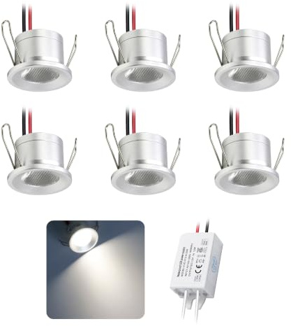 kpslucerna Mini LED Downlights 2W 6pcs DC 12V, IP65 Water Resistant Small Recessed Spotlight, 25mm Round Plinth Spot Light Cabinet Showcases Displays Hallway Kitchen Staircase Bath Niche (Cold White)