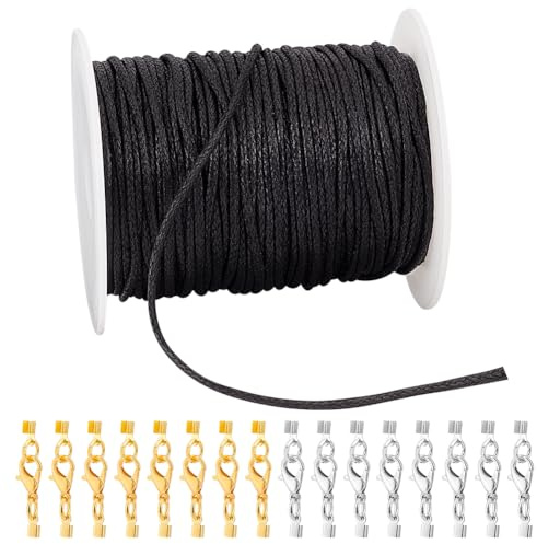 PH PandaHall 45.7m 2mm Cordoncino Cotone Cerato con Chiusura per Gioielli | Filo di Cotone Cerato Nero con Artiglio di Aragosta Estremità Del Cordone per la Creazione di Gioielli Braccialetti