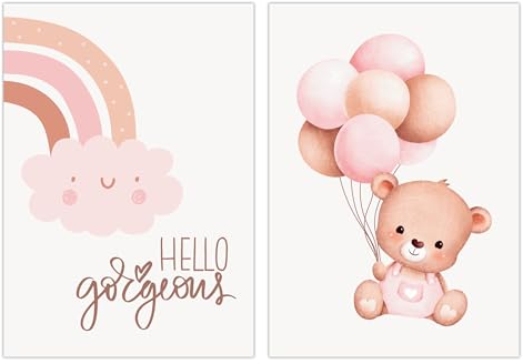 FAVELOT Poster Kinderzimmer Mädchen A4 - Regenbogen, Rosé - Bilder Babyzimmer Deko - Deutscher Premium-Druck - 2er Set Din A4