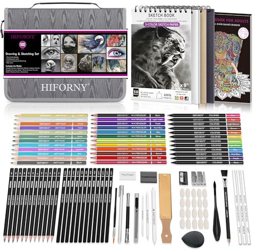 HIFORNY Set da 100 pezzi per disegno e schizzi, forniture artistiche professionali con grafite, carbone, colorate, acquerelli, matite metalliche, strumenti di miscelazione, album da disegno e libro da