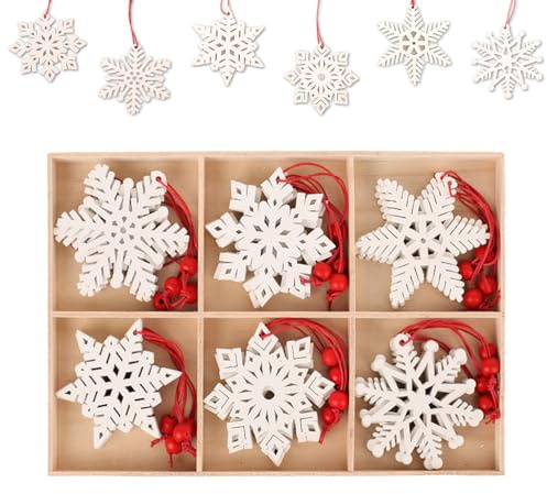 ilauke 24 stycken julsnöflingor, trähängen, 6 designjulgransprydnader, trä, julgransprydnad, snöflingor, 8 cm, julgransprydnad, julgran för vinterdekoration, juldekoration gör-det-själv (vit)