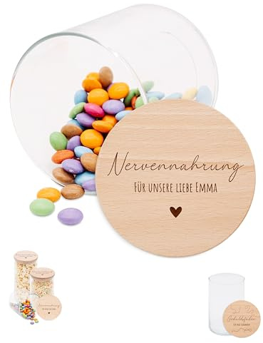 wunderwunsch® - Personalisierte Vorratsgläser mit Deckel mit Gravur - [einzeln - S/M/L - 0,5-1,2 L] - Personalisiert Geschenk Erzieherin Abschiedsgeschenk Lehrerin (Nervennahrung, klein - 530ml)