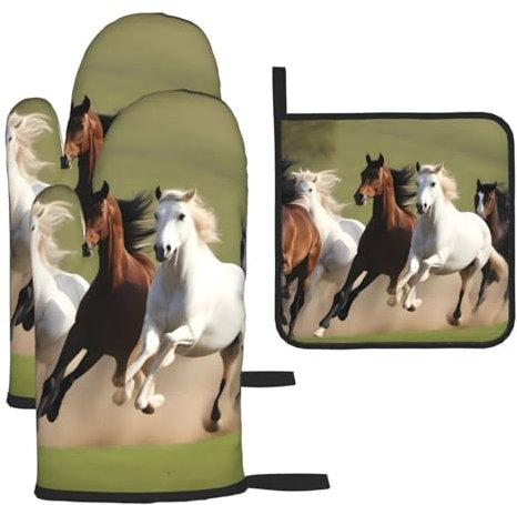 YYHHAOFA Lot de 3 gants de cuisine imperméables et durables pour four et manique pour isolation thermique Motif chevaux au galop