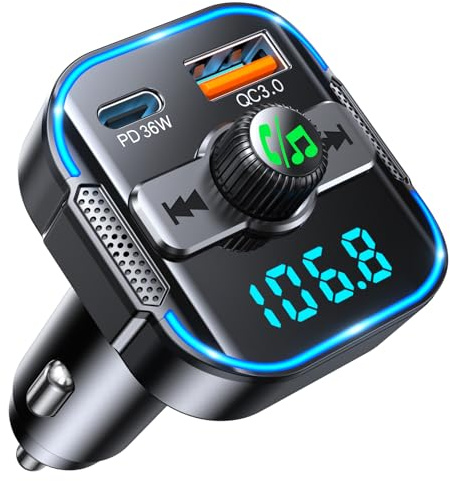 RIWUSI Bluetooth 5.3 Car Adapter【PD 36W+QC3.0 18W】, 2-in-1 FM Bluetooth Transmitter 【Dual Stronger Mics】& Fast Car Charger, Wireless FM Radio Adapter Hands-Free Calling, Siri Assistant, Black