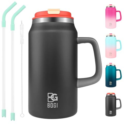 BOGI 50oz Tumbler with Straw and Lid,Large Capacity Travel Mug with Handle Insulated Stainless Steel Water Bottle Cup Keep Cold and Hot for Tea Coffee, Leak-Proof, BPA-Free, Non-Slip | Black