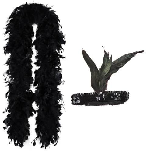 NHQ Federboa,2 Stück 1920 Kostüm Damen Zubehör Set mit Federstirnband,Federboa Schwarz,20s Kostüm Damen,Flauschige Federboa,Damen Natural Feather Gothic Feder,für Hochzeit Ankleiden Party,Karneval