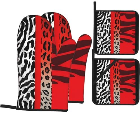4 Piece Oven Mitts and Pot Holders Set Heat Resistant Oven Gloves and Potholders BBQ Gloves Hot Pads Red Leopard and Zebra Animal Cooking Gloves for Kitchen Baking Grilling