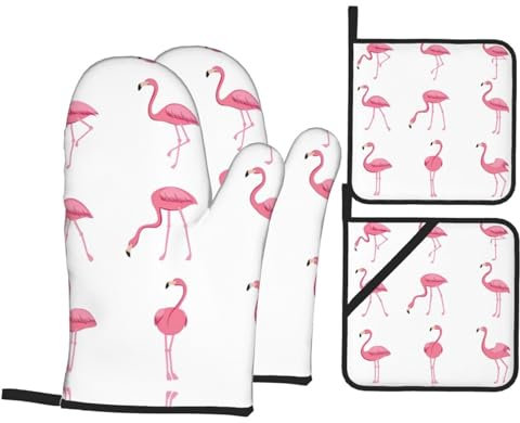 Set di 4 guanti da forno natalizi con fenicotteri bianchi con presine, resistenti al calore, guanti da forno regalo per la famiglia