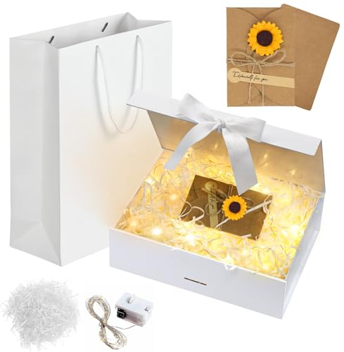 Idota Geschenkbox mit Deckel Magnetisch, 26 x 19 x 8cm Weiß Geschenk Box | Schleife Geschenkkarton Geburtstag mit Tragetasche, Raffia, Grußkarten, Licht, Geschenkverpackung für Hochzeit Geburtstag M