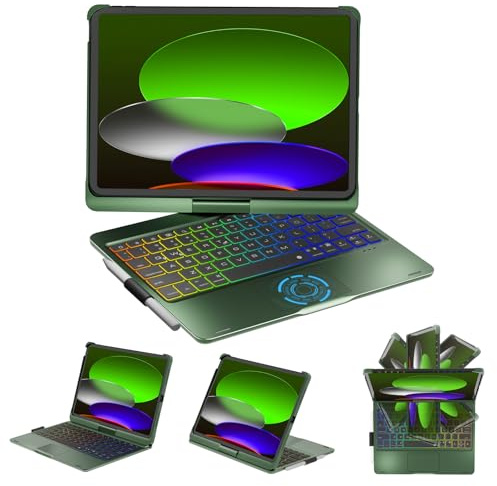 NOKBABO for iPad 11th/10th Gen & iPad Air 11/M3/M2 Case with Keyboard, 7-Color Backlit, Built-in Touchpad, 360° Swivel, Midnight Green