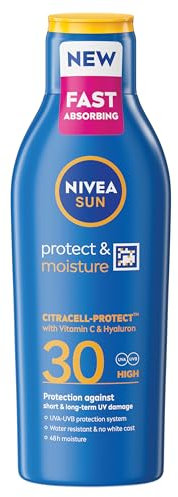 NIVEA SUN Protect & Moisture Sun Cream Lotion SPF 30 (400 ml), Sun Lotion with Vitamin C and Hyaluron, Provides 48H Moisture and Immediate UVA & UVB Protection, Water-Resistant, Leaves No White Cast