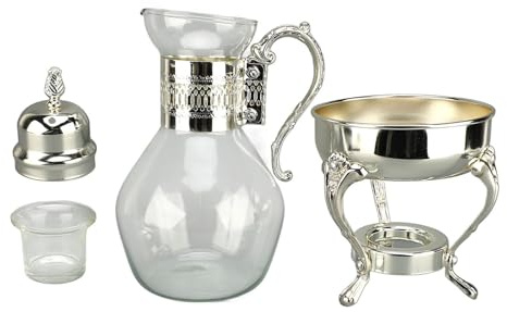 Glass Teapot Set Vintage Turkish Coffee Pot with Loose Tea Infuser, 35.5cm Glass Coffee Kettle with Ergonomic Handle, Hot Cold Glass Tea Kettle Set with Cups for Home Office (Silver)