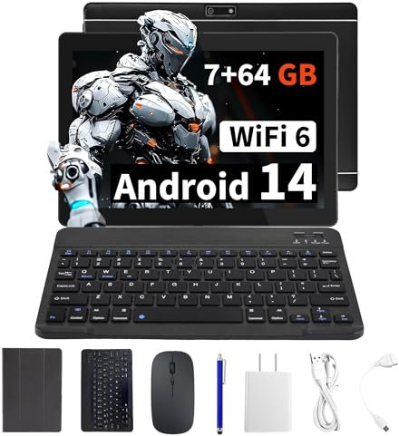 Veidoo 2 in 1 Portable Android Tablet with Keyboard, Mouse & Stylus, Tablet 10.1 inch IPS HD Screen with 7GB RAM (3GB+4GB) 64GB ROM Expandable to 512GB, Octa-Core Processor, WiFi 6