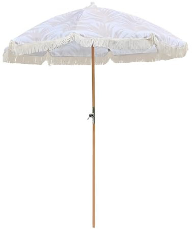 Generico Ombrellone da Spiaggia con Frangia, Ombrellone Pieghevole UPF 50+, Ombrellone da Esterno con Palo in Legno per Giardino, Prato, Piscina