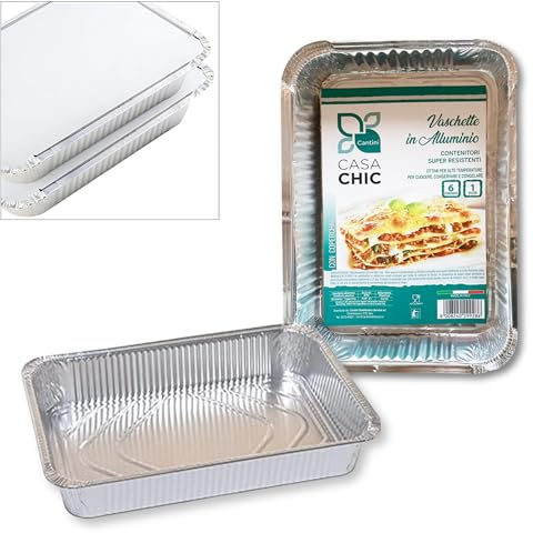 CasaChic Boîte rectangulaire en aluminium avec couvercle 6 portions, 1 pièce – Plaque jetable pour nourriture et bonbons (32 x 21 x 5 cm)