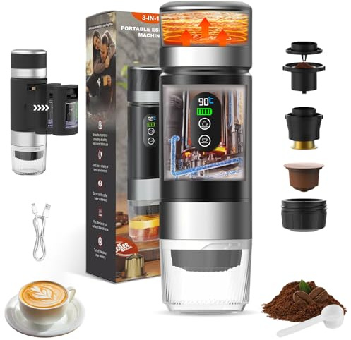 VHV Machine à Cafe Portable,3 En 1 Cafetière à Expresso Chauffage Électrique,12V Expresso Cafetière Rechargeable,Pour Bureau,Voyage, Maison,Compatible avec les Capsules Espresso et Café Moulu