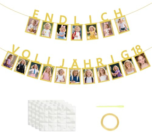 HUKUMA Deko 18. Geburtstag Junge Fotogirlande - ENDLICH VOLLJÄHRIG 18 - Meilensteine Geburtstagsdeko 18 Mädchen, 18 Glitzerkarten Kann Fotos von 1 bis 18 Jahren einfügen Geburtstagsparty Dekoration