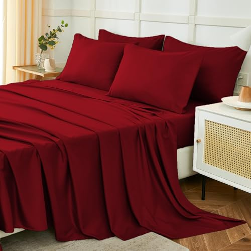 Homebliss Parure De Lit 180x190/200cm 4 Pièces en Polyester, Draps de Lit 2 Personnes, Drap Housse Ajustable 180x200 cm, Drap Plat 2 Personnes 240x250 cm et 2 Taie d'oreiller 50x80, Bordeaux