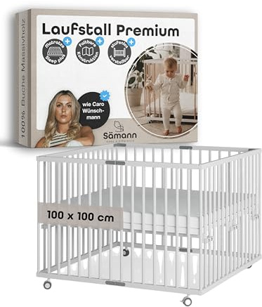 Sämann Faltbarer Baby Laufstall aus Holz I Weiß 100x100 cm I Inkl. Matratze SleepPlus I Höhenverstellbares Babybett aus Buchenholz I Laufgitter mit gummierten Rollen I TÜV geprüft