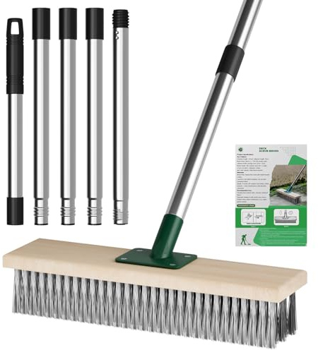Brosse de jardin en fil métallique robuste avec manche télescopique de 144,8 cm, brosse métallique pour patio, terrasse