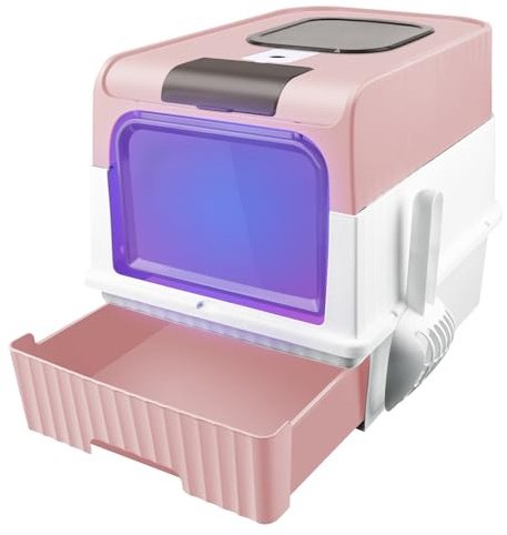 Lettiera per gatti autopulente, Cassetta igienica per gatti sterilizzata agli UV con coperchio e paletta per lettiera - 48 * 35 * 36 cm, Rosa