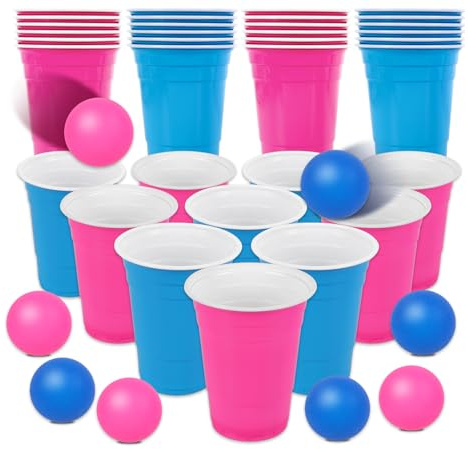 JarThenaAMCS 32Pcs Cup Table Tennis Game Set 22 Blue & Pink Plastic Cups 10 Ping Pong Balls for Gender Reveal Party Game Supplies