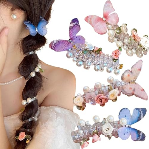 2025 Neue Elastische Telefonkabel Herz Hair tie,4 Stück Spiral Haargummis Ohne, Weiche Spiral Haargummis für Damen & Mädchen, Blumen Haarclips Schonend für Dickes Haar, Kein Ziepen (B-4 Stück)