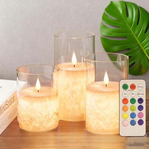 Eynshoo Ice Crystal Real Wax 12-Color Flameless Candles 3-Pack with Remote Timer, Battery Operated Multicolor LED Candles with Warm Flickering Flame for Christmas Wedding Home Decor (4/5/6 Inch)