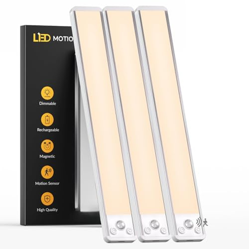 40CM Unterbauleuchte Küche Led mit Bewegungsmelder Innen, 3-Farben, 3-Stück | 2500mAh Langlebiger Akku, Dimmbar, USB Aufladbar, Magnetische, Bohrfreie, Aluminium, für Flur/Treppe/Kleiderschrank/Garderobe
