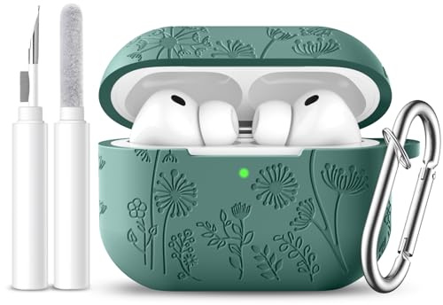 Easuny Blumengravierte Hülle Kompatibel mit Apple AirPods Pro 3 Hülle 2025 | Silikon Schutzhülle für AirPods Pro 3 Case - Schockresistente Hülle mit Karabiner&Reinigungskit, LED Sichtbar - Kieferngrün