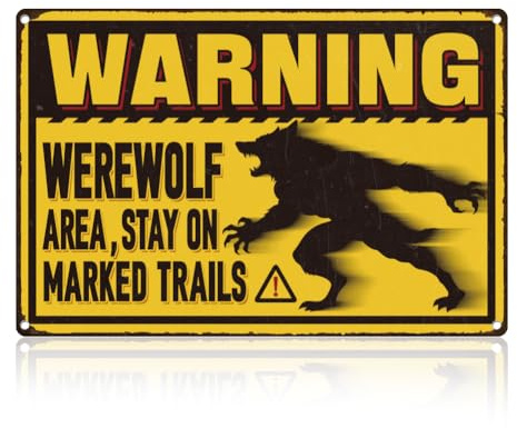 DOODLREAM Howling Werewolf Warning Metal Tin Sign Wall Decor Werewolf Area 20 x 30 cm Retro Wall Poster for Man Cave Bar Game Room Outdoor Fence Forest Decor