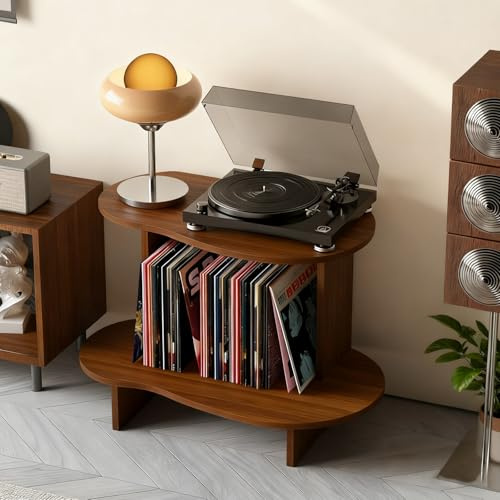 MAAOBR Porta Vinili, Legno Cornice Vinile, Stile Vintage Multifunzionale Mobile Porta Dischi Vinile per Esporre Fino a 40 Album e Riviste, per Soggiorno, Ufficio e Studio(Walnut)