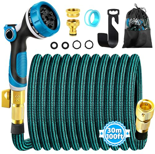 Viosmut Expandable Garden Hose Pipe 30m 100ft, Retractable Hosepipes for Garden with 10 Functions Spray Gun, Expanding Magic Water Hose Attachments 3/4&1/2 Brass Connectors, Flexible Hose Anti-Kink