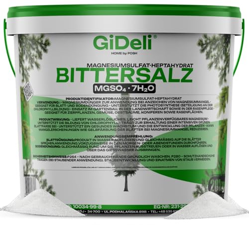 GiDeli Bittersalz Magnesiumsulfat 20 kg Dünger für Koniferen & Thuja | reich an Magnesium und Schwefel, wasserlösliche Kristalle, große Vorratsmenge, wiederverschließbarer Eimer
