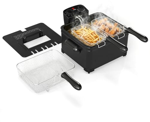 LIFEZEAL Friggitrice ad Olio con 1 Cestello Grande e 2 Piccoli (Nero, 5 L) | Friggitrice Elettrica Professionale da 1700 W, Struttura in Acciaio Inossidabile, Timer e Temperatura Regolabile per Casa