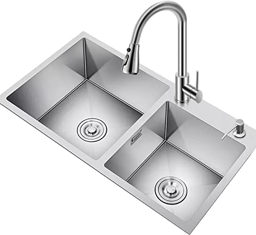 Fregadero De Cocina De Dos Senos Fregadero De Acero Inoxidable Plateado Fregadero De Restaurante con Grifo Extraíble Fregadero Grande Accesorios Completos (S : 80x45x21cm)