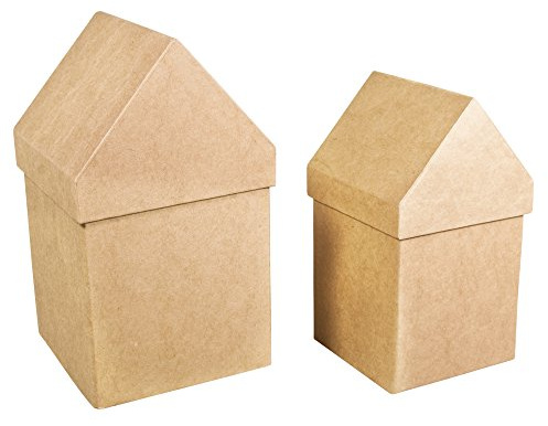 Rayher Pappmaché Boxen Häuser, 2 kleine Pappschachteln mit Deckel, FSC zertifiziert, Set 2 Stück, 13,3 x 13,3 cm, 23 cm hoch + 11,5 x11,5 cm, 20 cm hoch, zum Gestalten und Dekorieren, 67216000
