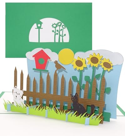 3D Pop Up Karte „Unser Garten“ - Geburtstagskarte Gärtner mit Hund, Katze und Vogelhaus zum Eigenheim, Hauskauf & Einladung Gartenfest