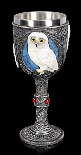Figuren Shop GmbH Fantasy Trink-Kelch - Nacht Eule | Weinbecher, Deko-Kelch, Deko-Artikel, mit Edelstahleinsatz, H 18 cm