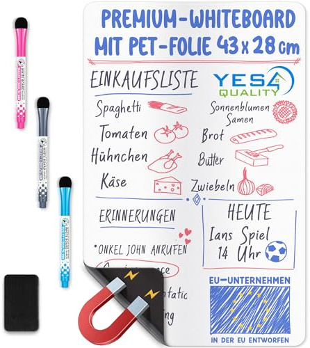 Extra Large Magnetic Dry Erase Whiteboard Sheet for Fridge - A3 / 43x28 cm - Stain-Resistant w/ 3 Markers & Big Eraser with Magnet - by Yes4Quality