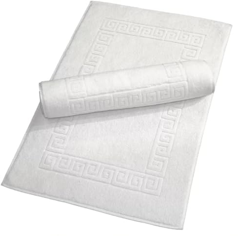 Makooz 2 Cotton Bath Mats - Classic Greek Key Pattern 750 GSM - Not Bathroom Rug - Ultra Soft Touch, Water Absorbent, Quick Drying Plush Tub Shower Bathroom Floor Foot Towel - White 50x75 CM