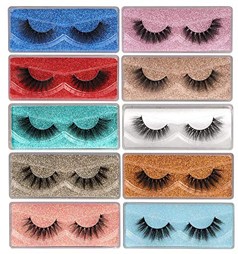 False Eyelashes Wispy 18 mm Natural 3D Faux Mink Lashes Pack 10 Pairs 10 Styles Mixed Soft Reusable Fake Eyelashes Bulk with Glitter Portable Boxes