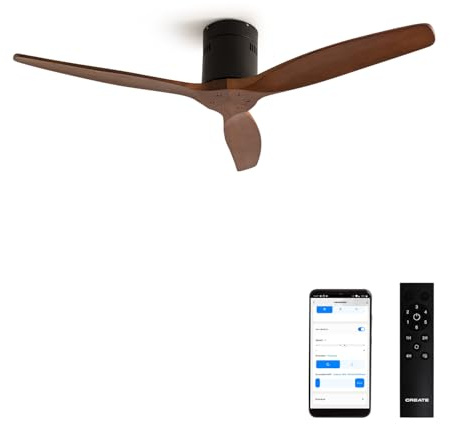 CREATE / WINDCALM M/Deckenventilator ABS Schwarz Dunkelholzflügel-Optik mit WLAN und Fernbedienung / 40W, Leise, Ø132cm, Timer von 1 bis 4 Std., DC-Motor, Sommer-Winterbetrieb