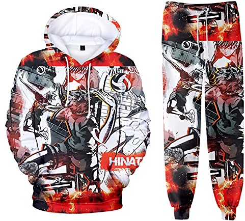 Flyself Jungen 3D Anime Haikyuu Sportanzug Traingsanzug Jogginganzug Cosplay Costume Karasuno High School Hoodie Sweatshirt Jacke und Hosen 2 Stück Sets