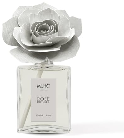 MUHA' | Duftdiffusor für Räume Rosa Diffuser, Duft Fior di Cotone, Raumduftdiffusor mit Rose aus Birkenholz, 200 ml Format. | Raumduft Raumduft Diffusor mit Rose aus Birkenholz