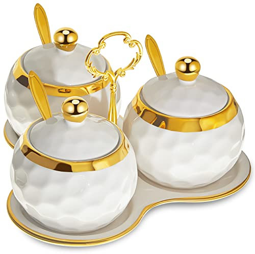 Lallisa Lot de 3 sucriers en porcelaine en forme de golf avec 1 plateau, récipient à sel avec couvercle et cuillère pour assaisonnement moderne pour la maison et la cuisine, blanc et doré